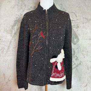 Mandal Bay Festive Christmas Cardigan Zip Sweater Santa and Cardinal Design S